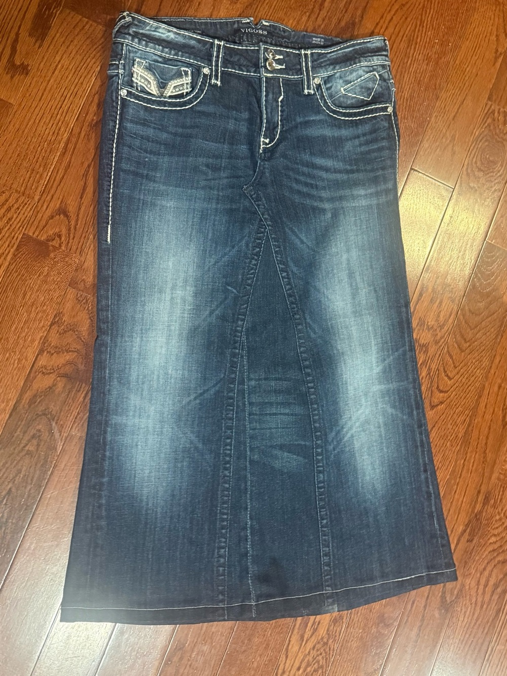 Vigoss Dark Blue Denim Flare Skirt with Contrast Stitching